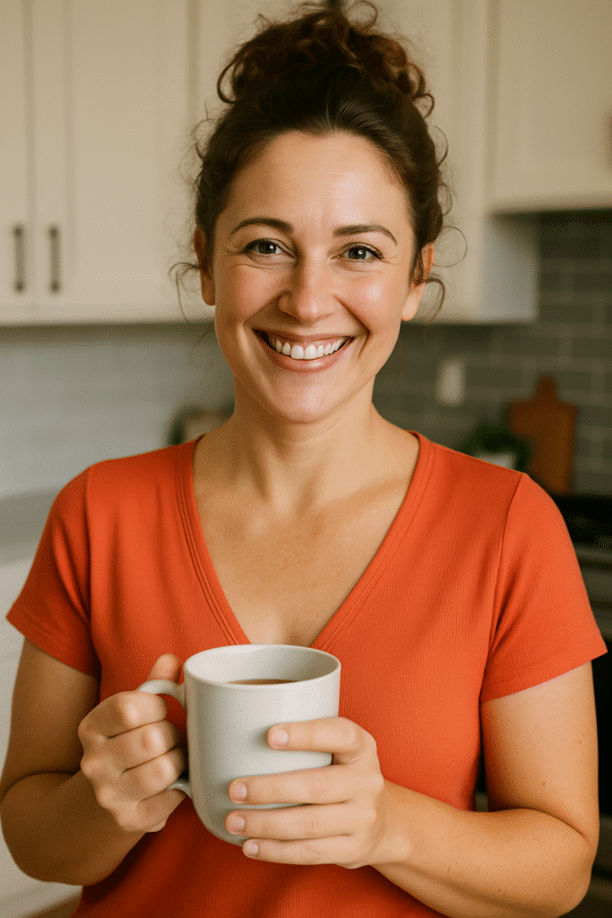 About About Sarah from Cook That Dish smiling with her two daughters in a warm kitchen moment.
