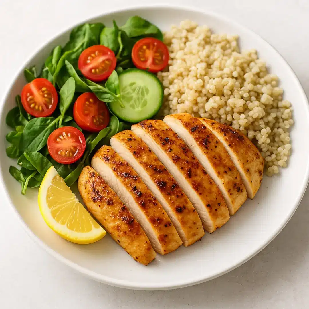 Quick & Healthy Dinners Grilled chicken with sweet potatoes and broccoli on a plate