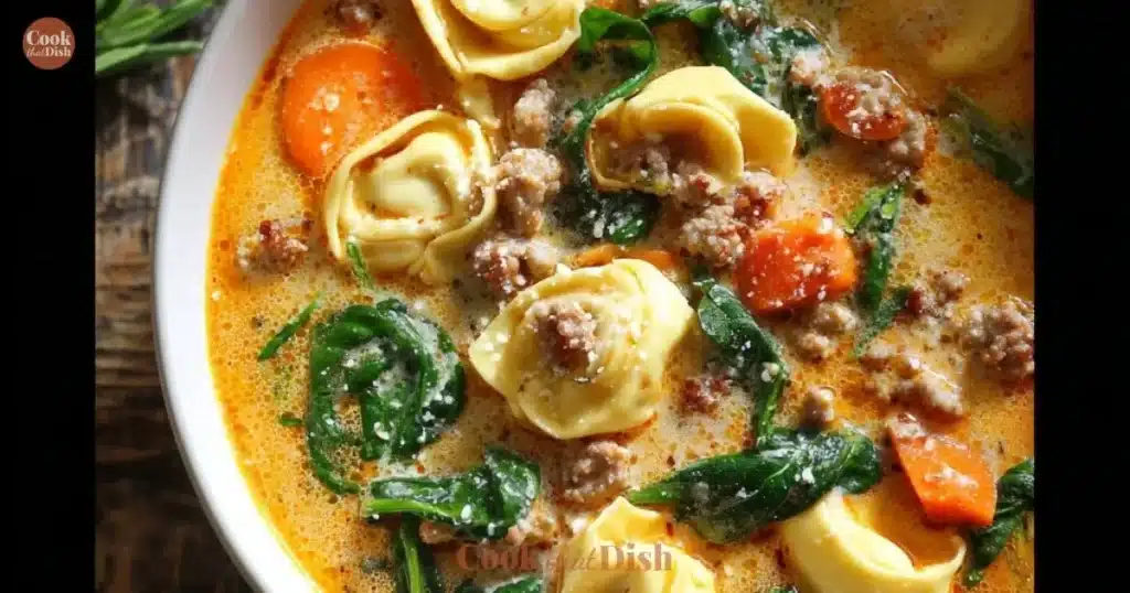 Bowl of Sausage Tortellini Soup with spinach, ideal for autumn.