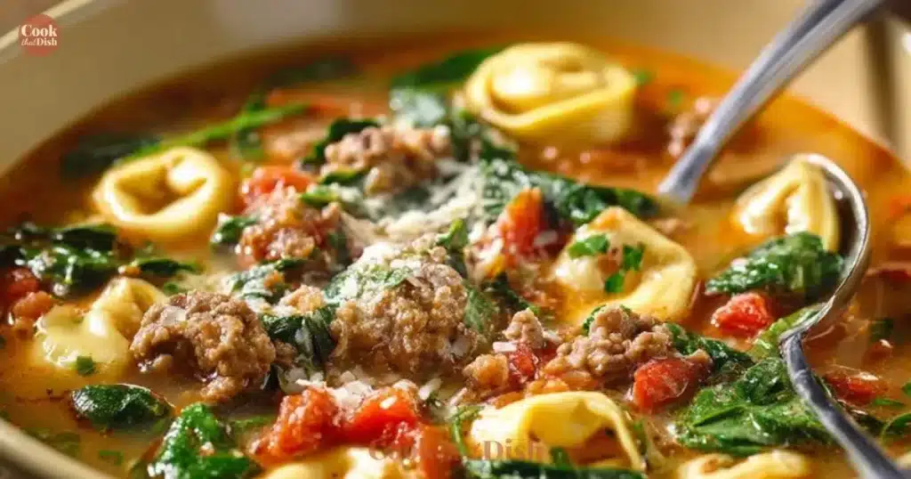 Bowl of Autumn Tortellini Soup with Sausage garnished with herbs.
