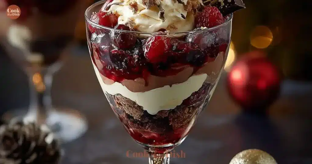 Decadent Black Forest Trifle layered with chocolate, cherries, and cream