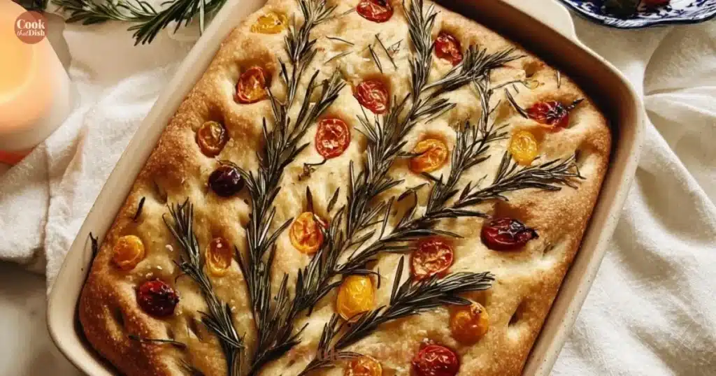 Festive Christmas Tree Focaccia with herbs and decorations for holiday celebrations