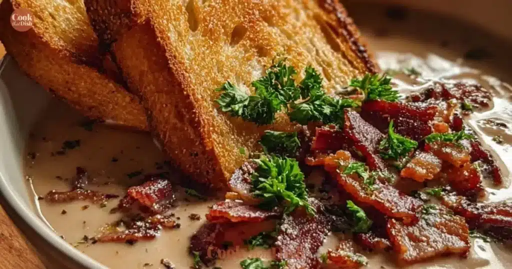 Creamy Reuben soup served in a bowl with a garnish