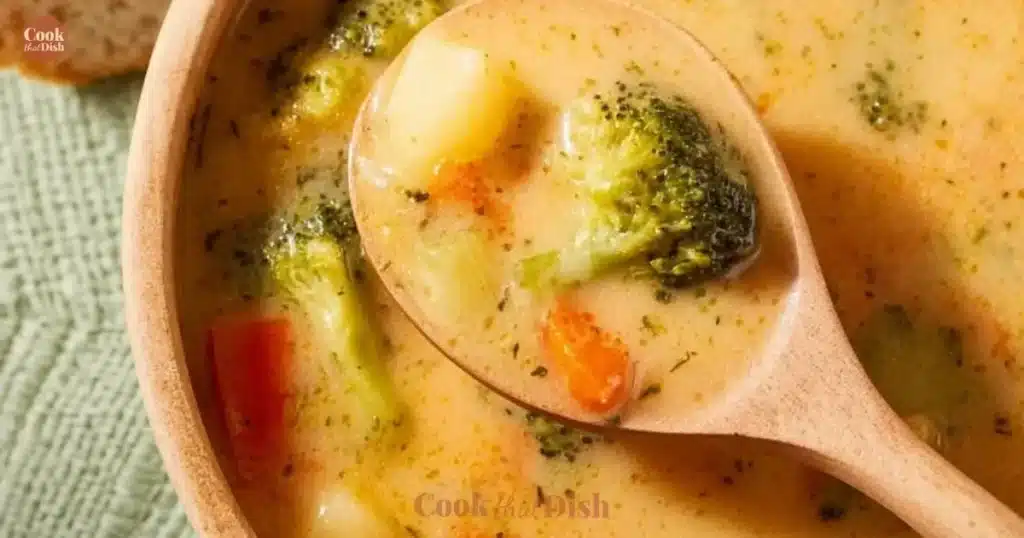 Creamy vegetable soup in a bowl garnished with fresh herbs