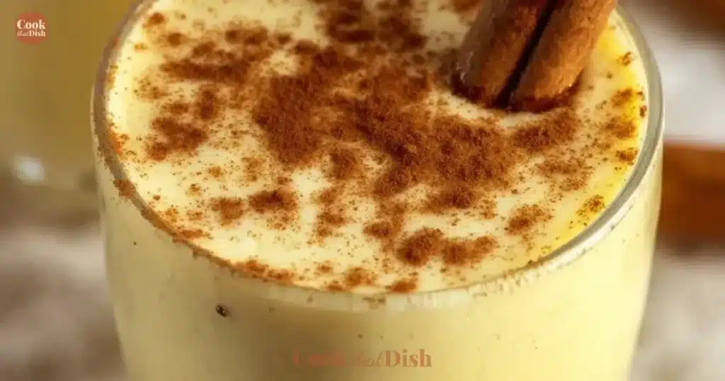 Homemade Keto Eggnog served in a festive glass with cinnamon on top