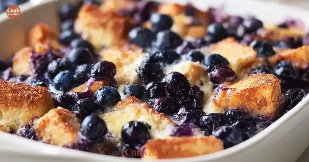 Blueberry French Toast Casserole fresh out of the oven, topped with blueberries.