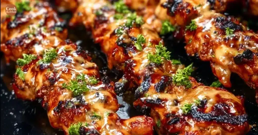 Plate of Air Fryer Bang Bang Chicken Skewers garnished with vegetables