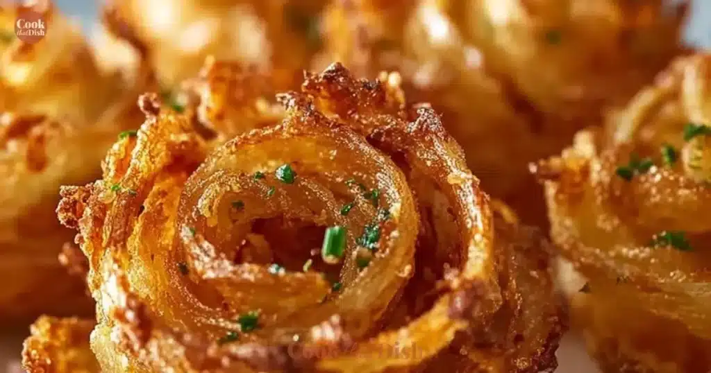 Air fryer crispy mini blooming onions served with dipping sauce