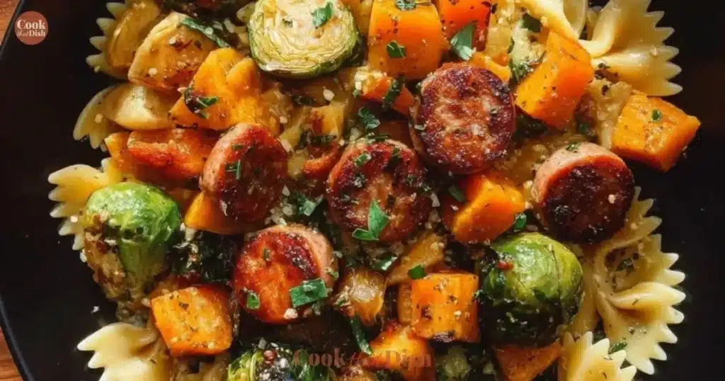 Autumn dinner plate with sausage, pasta, Brussels sprouts, and butternut squash