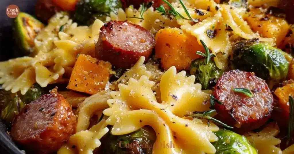 Bowl of Autumn Sausage Pasta Squash garnished with herbs and cheese