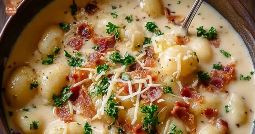 Bacon cheddar gnocchi soup served in a warm bowl, garnished with herbs.