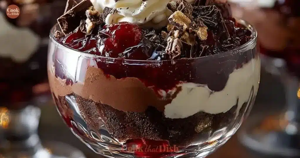 Delicious Black Forest Trifle dessert decorated for Christmas celebrations.