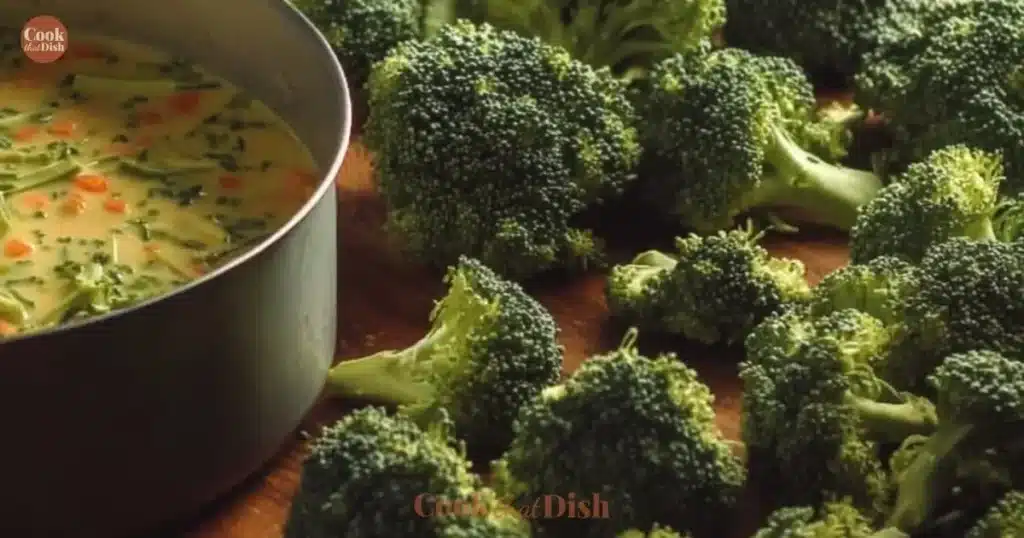 Delicious bowl of Broccoli Cheddar Soup garnished with fresh broccoli