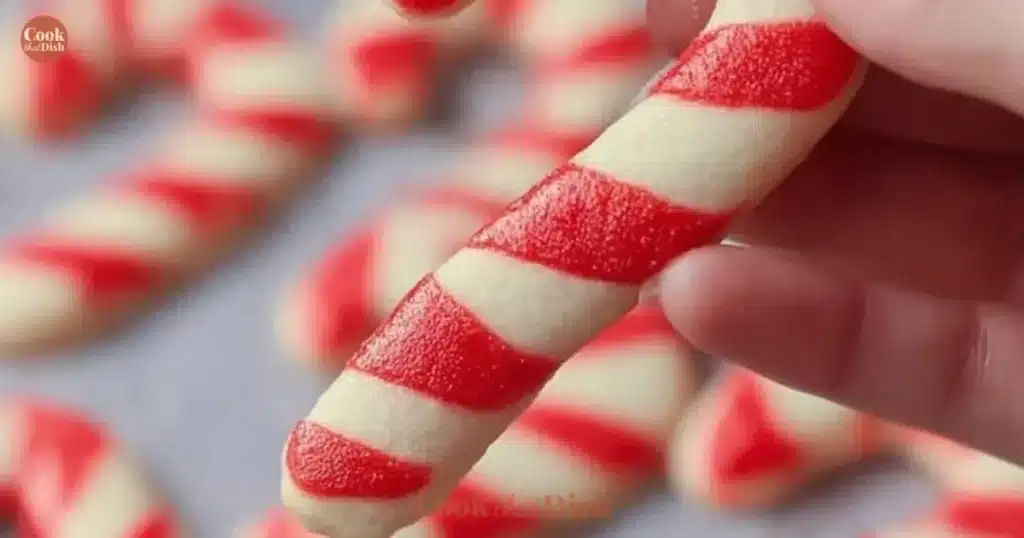 Freshly baked Candy Cane Cookies decorated with red and white swirls.