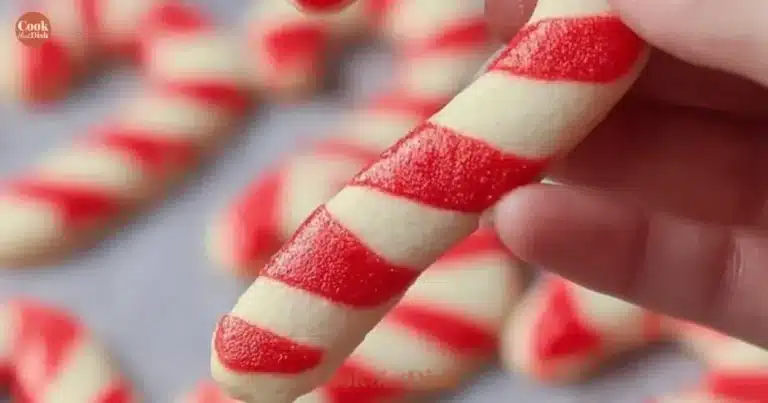 Freshly baked Candy Cane Cookies decorated with red and white swirls.
