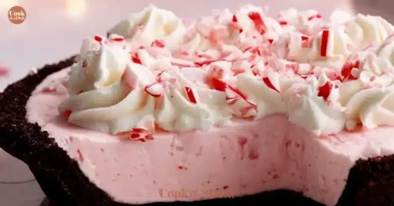 Delicious Candy Cane Pie decorated with peppermint and holiday sprinkles