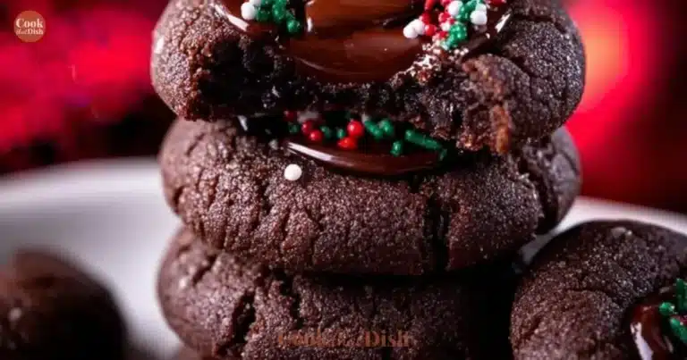 Delicious chocolate thumbprint cookies with jam filling on a plate.