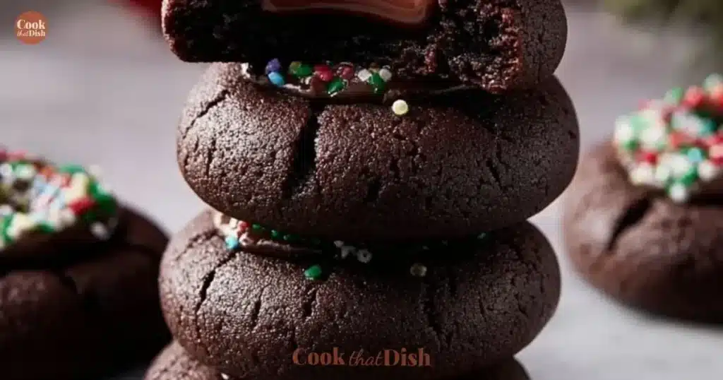 Batch of homemade Chocolate Thumbprint Cookies with jam filling