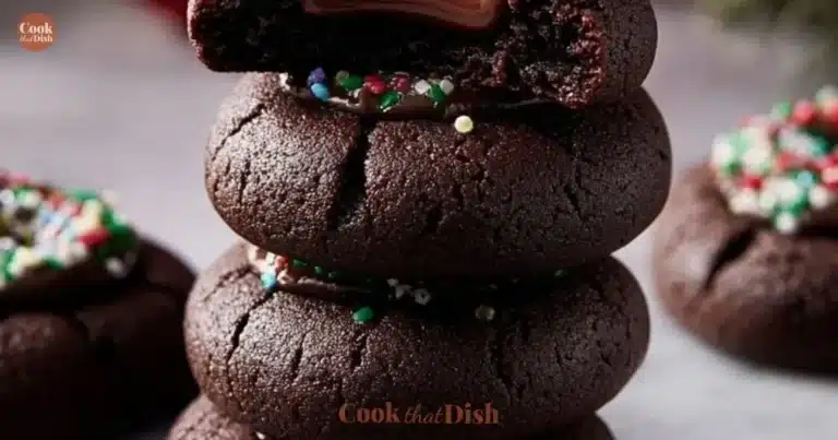 Batch of homemade Chocolate Thumbprint Cookies with jam filling