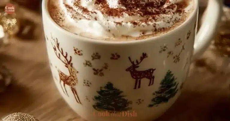 A cozy cup of Christmas Chai Latte surrounded by holiday decorations.
