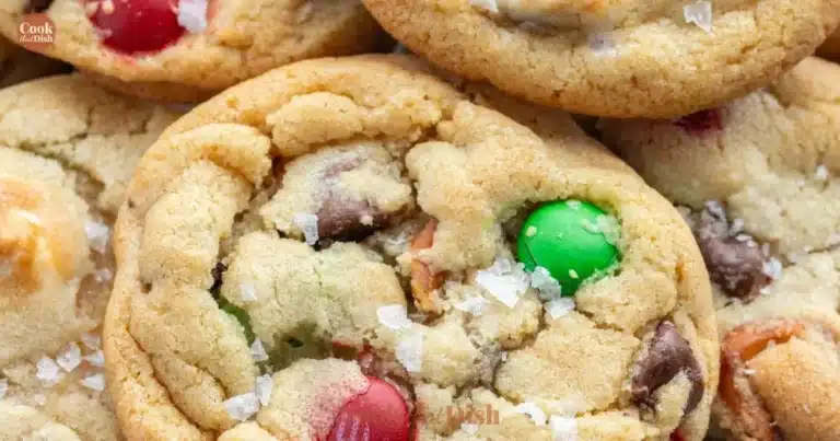 A platter of colorful Christmas kitchen sink cookies topped with festive sprinkles.
