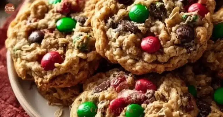 Festive Christmas Monster Cookies decorated with colorful candies and holiday sprinkles.
