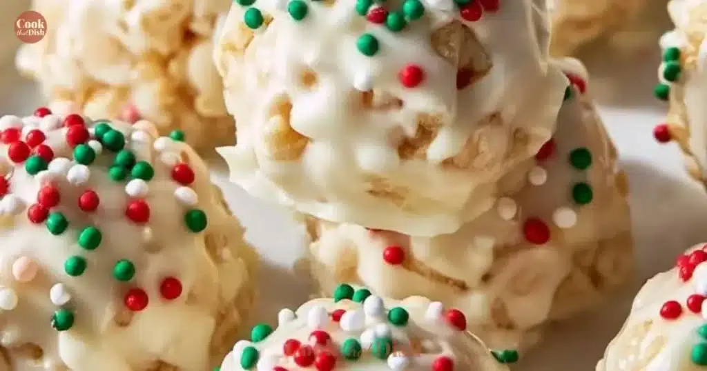 Festive Christmas Rice Crispy Treats decorated with holiday colors and shapes