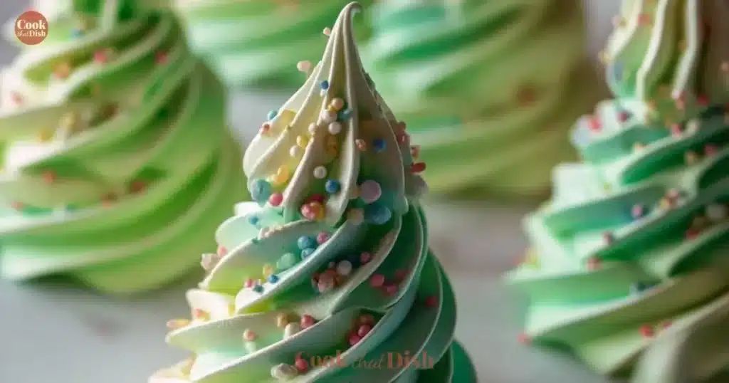 Festive Christmas Tree Meringues decorated in green and red icing.