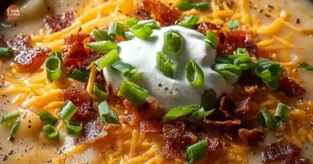 Bowl of comforting loaded baked potato soup topped with cheese and chives.