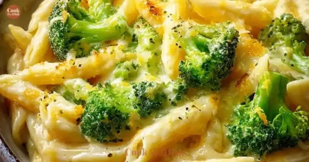 Creamy Cheesy Broccoli Pasta dish garnished with fresh herbs