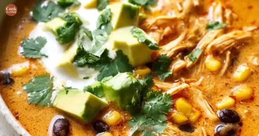Bowl of creamy chicken enchilada soup topped with cheese and cilantro