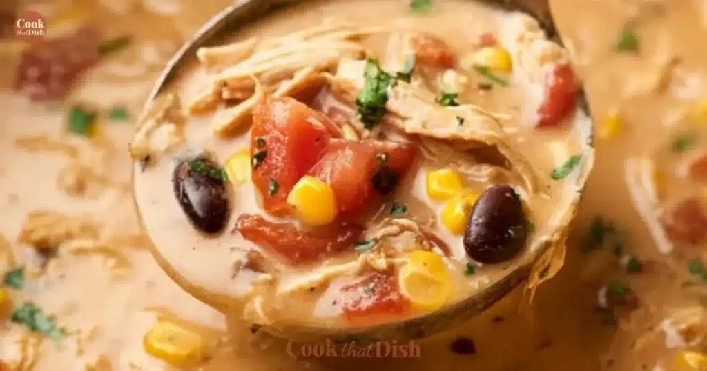 Creamy chicken taco soup served in a bowl with toppings