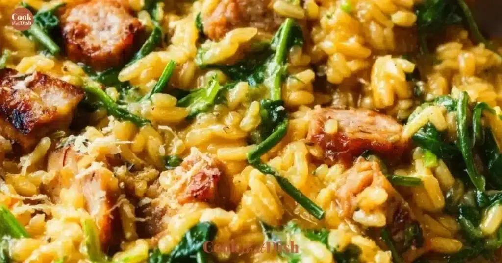 Creamy one pot chicken sausage and rice dish served in a bowl