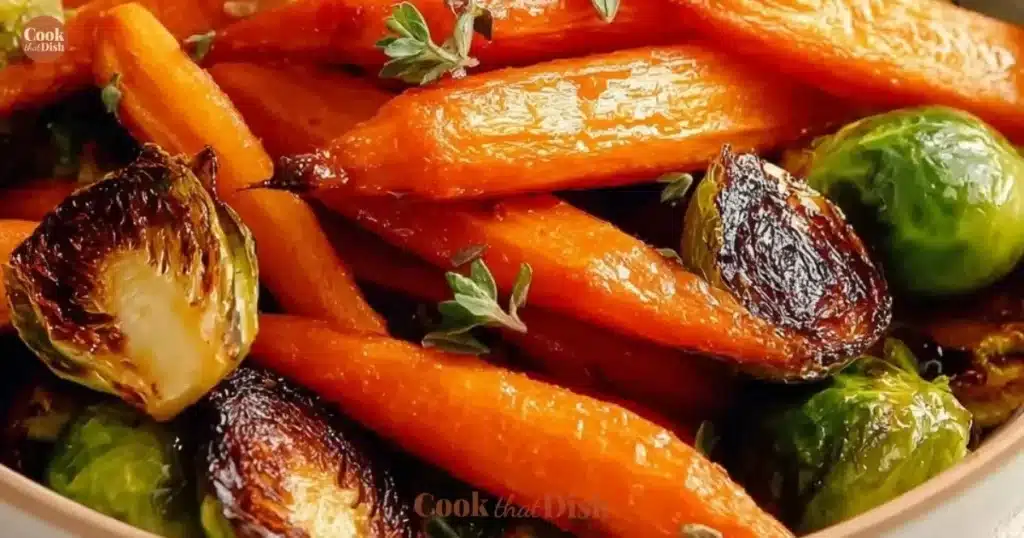 Crispy maple glazed carrots and Brussels sprouts on a serving platter