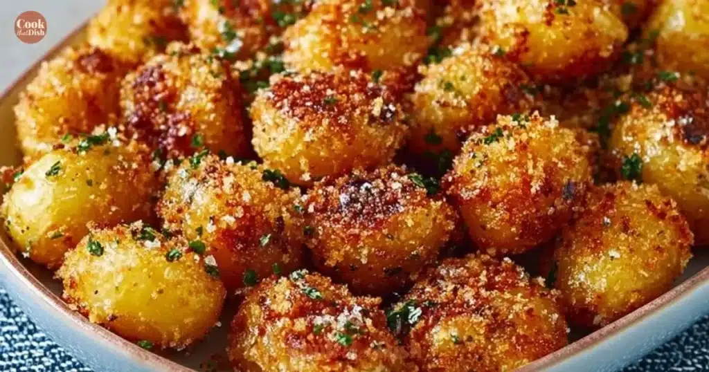 Crispy Parmesan crusted baby potatoes served on a plate