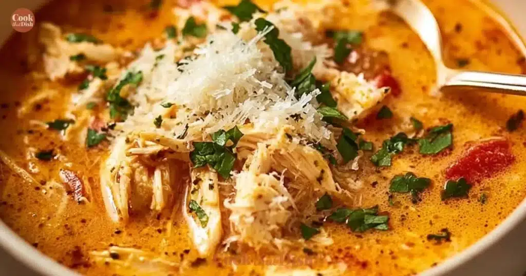 Bowl of creamy chicken parmesan soup in a crock pot