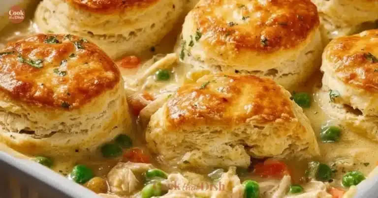 Delicious homemade chicken pot pie casserole served in a baking dish
