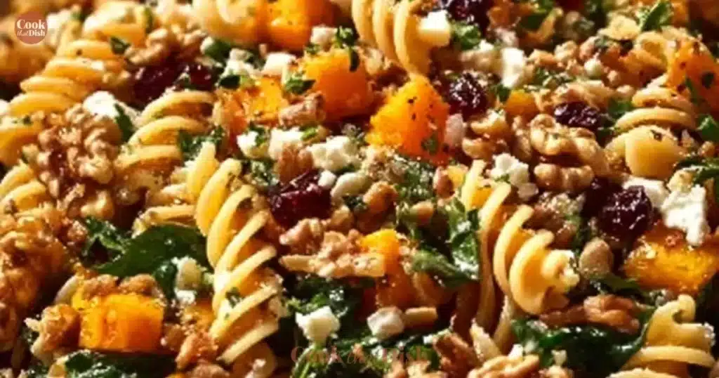 Bowl of Fall Harvest Pasta Salad with seasonal vegetables and dressing