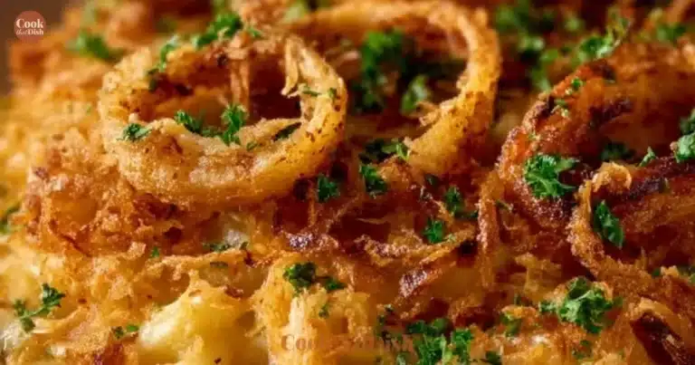French Onion Chicken Orzo Casserole dish with melted cheese and fresh herbs