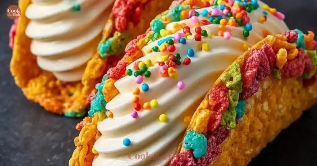 Fruity Pebbles Cheesecake Tacos served on a plate with colorful toppings.