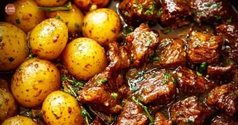 Garlic butter beef bites served with roasted potatoes on a plate