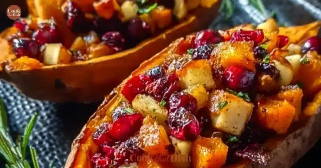Cranberry apple twice-baked sweet potatoes garnished with herbs in a serving dish.