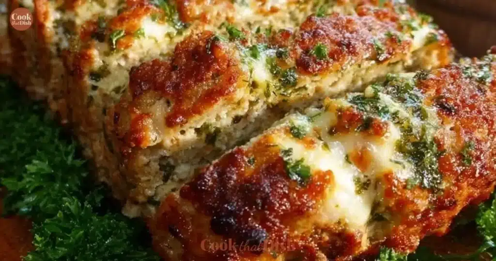 Slice of Italian Chicken Meatloaf topped with fresh herbs