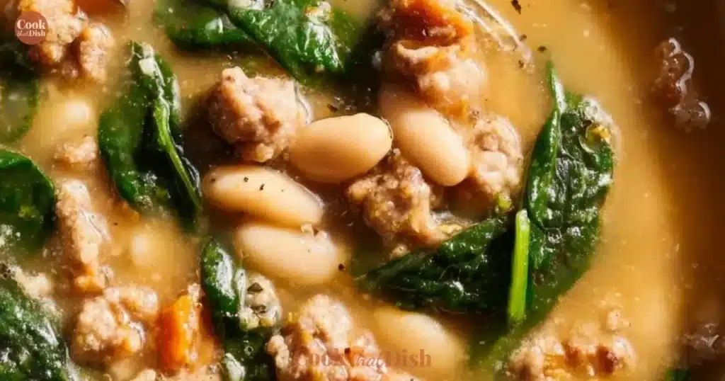 Bowl of Italian Sausage White Bean Soup garnished with herbs
