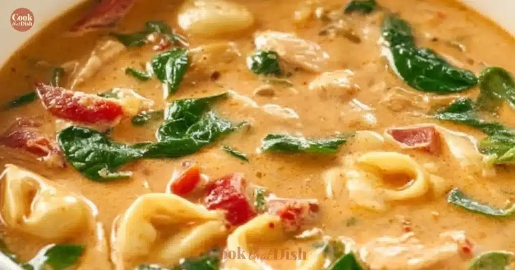 Bowl of Marry Me Tuscan Chicken Soup topped with fresh herbs and cheese