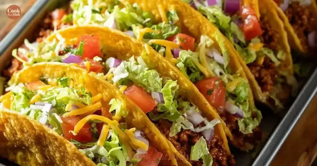 Oven-baked cheesy tacos piled high with toppings and melted cheese