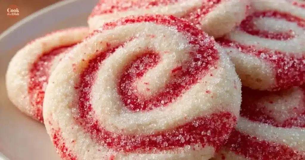 Baked peppermint swirl cookies with a vibrant red and green design.