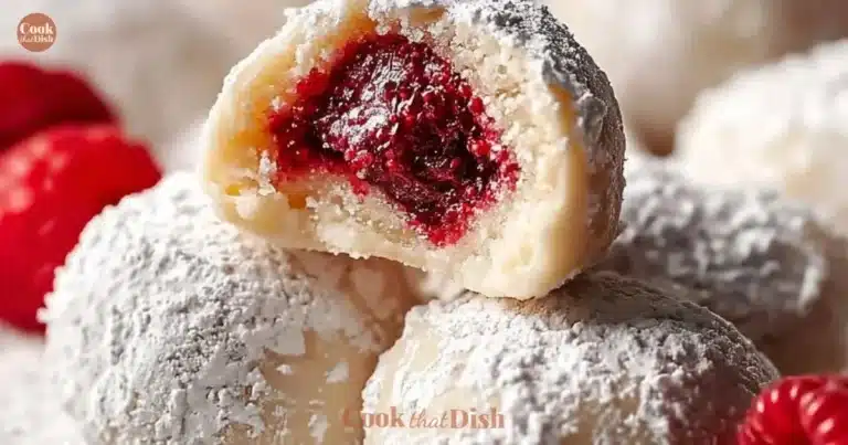 Raspberry Almond Snowball Cookies with powdered sugar and almond slices