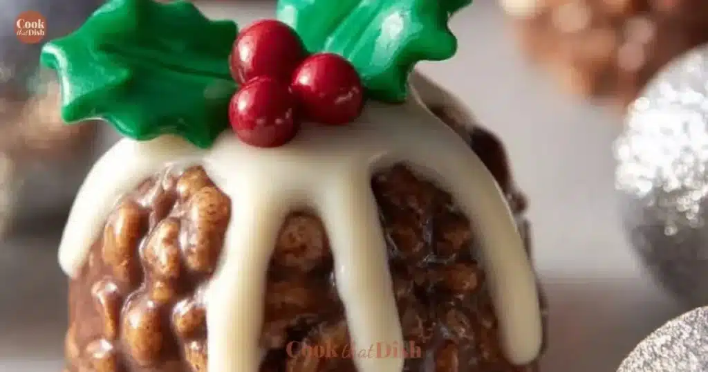 Festive Rice Krispie Christmas Puddings decorated and ready to serve