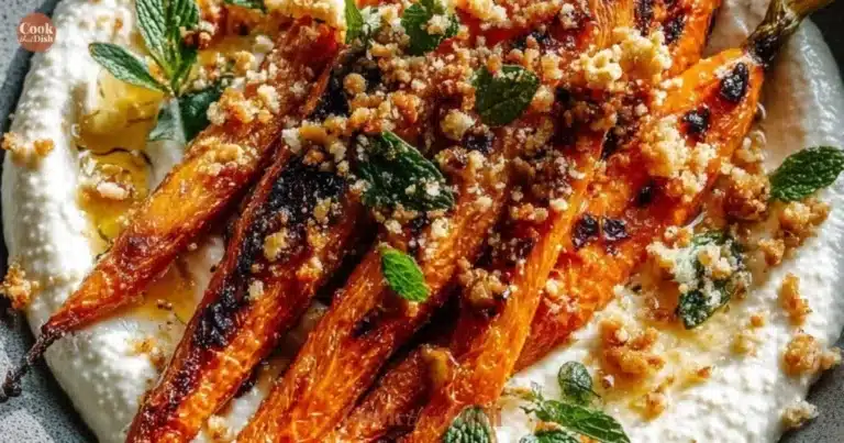 Plate of roasted carrots with whipped ricotta and hot honey drizzle
